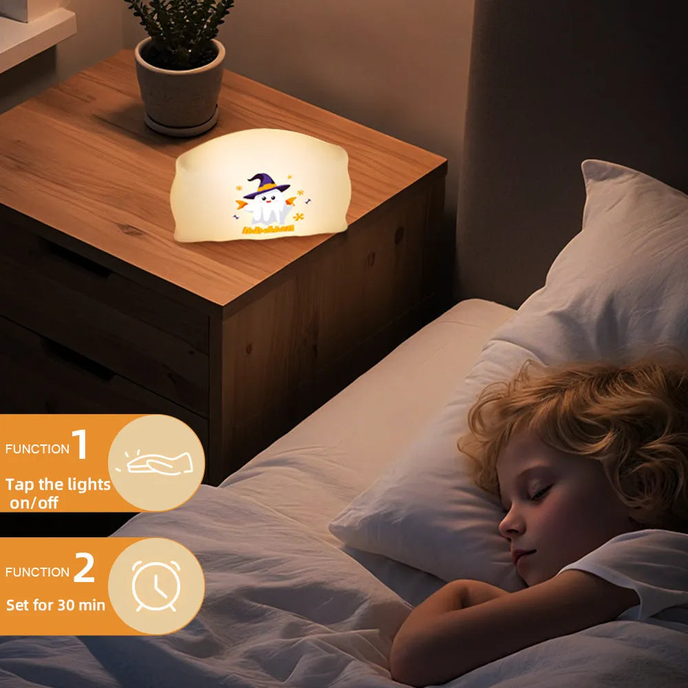 Cartoon Halloween table lamp in magic ghost and pumpkin ghost designs with warm light and USB TYPE-C charging port