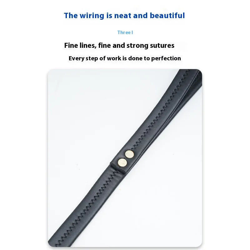 Black PU leather dog lead with metal clip showing adjustable length options