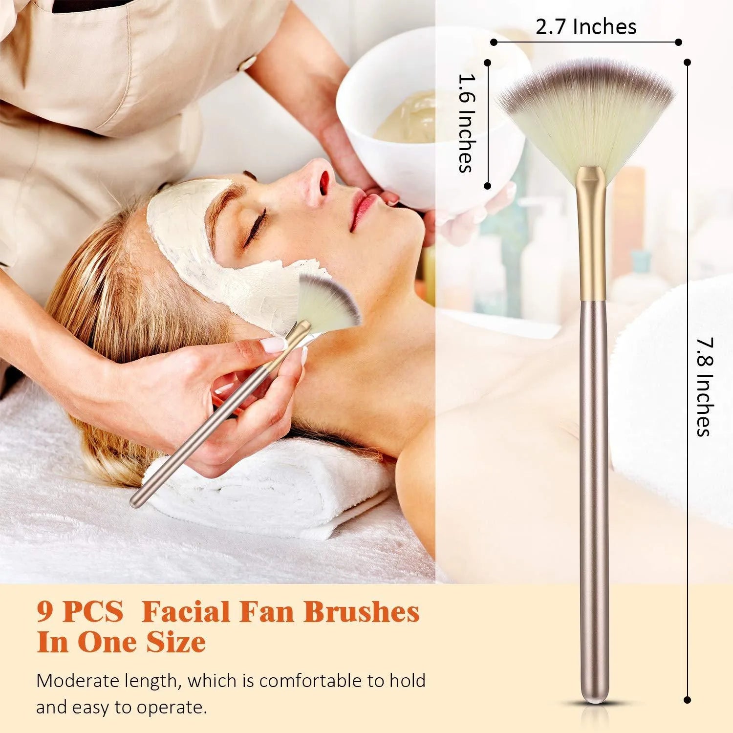 Ten champagne-coloured facial fan brushes with soft bristles and protective covers laid out.
