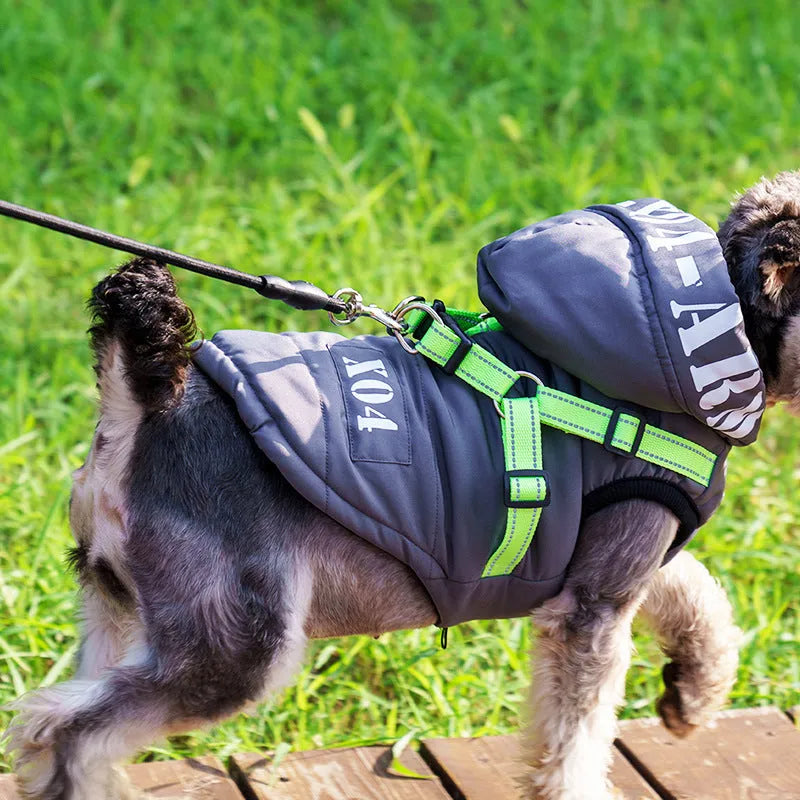 Winter fleece-lined waterproof dog jacket with hood in black blue gray or red colours