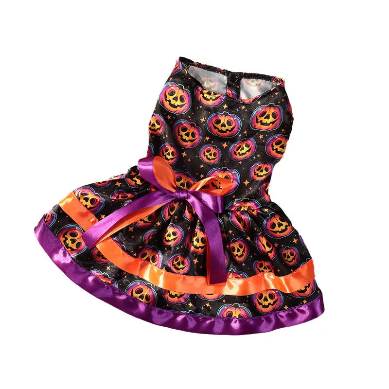 Halloween dog skirt costume with colourful pumpkin and skull prints on double-layer polyester fabric
