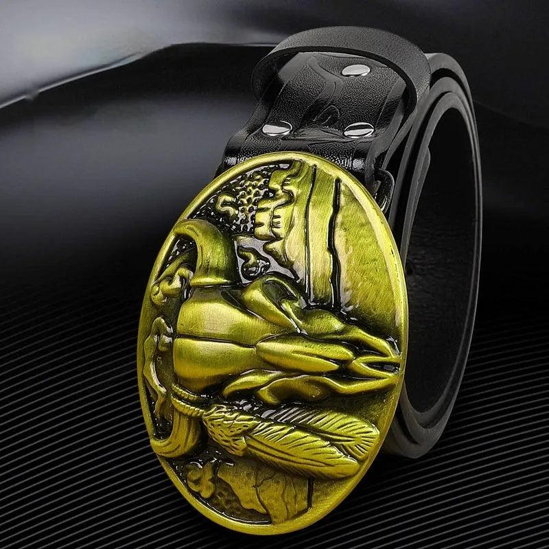 Men's black imitation leather belt with a detailed alloy cow head buckle and pin-buckle fastening.