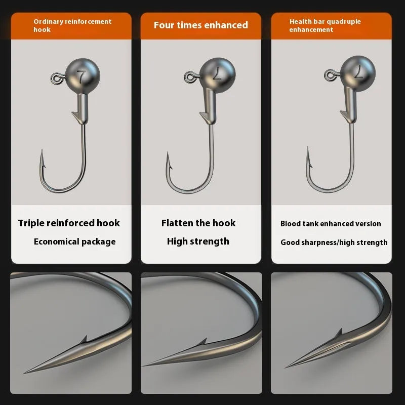 50-piece pack of steel jig fishing hooks with 7-gram lead heads in primary colour