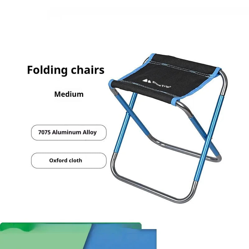 Black aluminium alloy folding camping stool shown in open and folded positions.