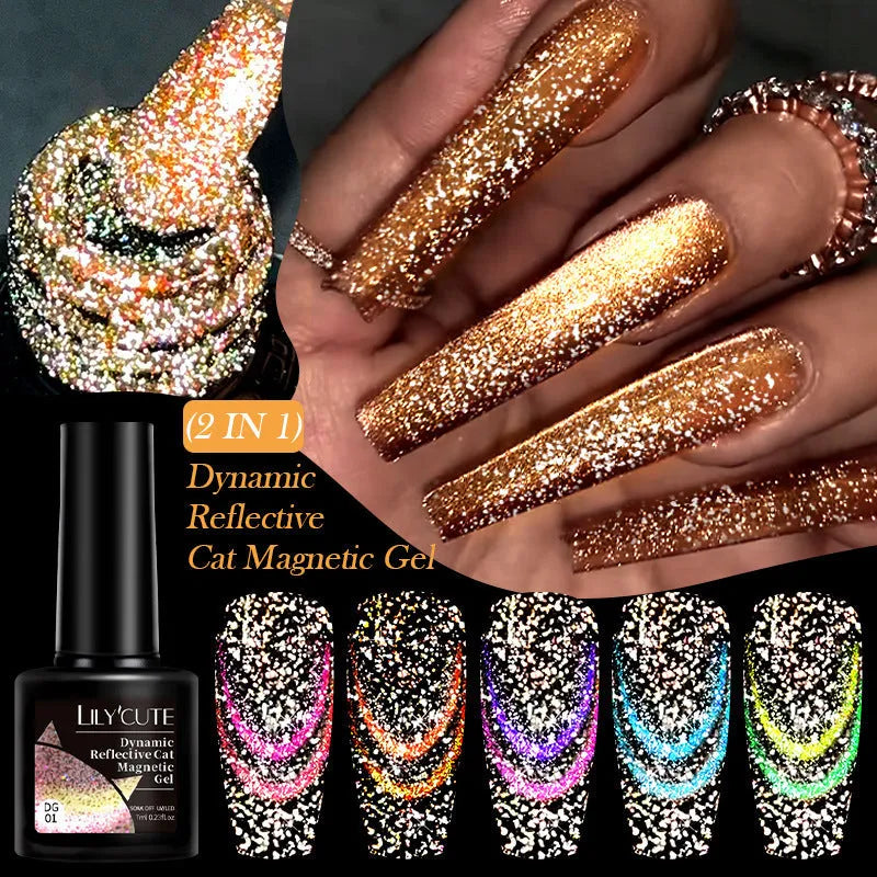 Cat eye series UV gel nail polish bottles showing diamond debris effect with glitter and fragments in six colour styles
