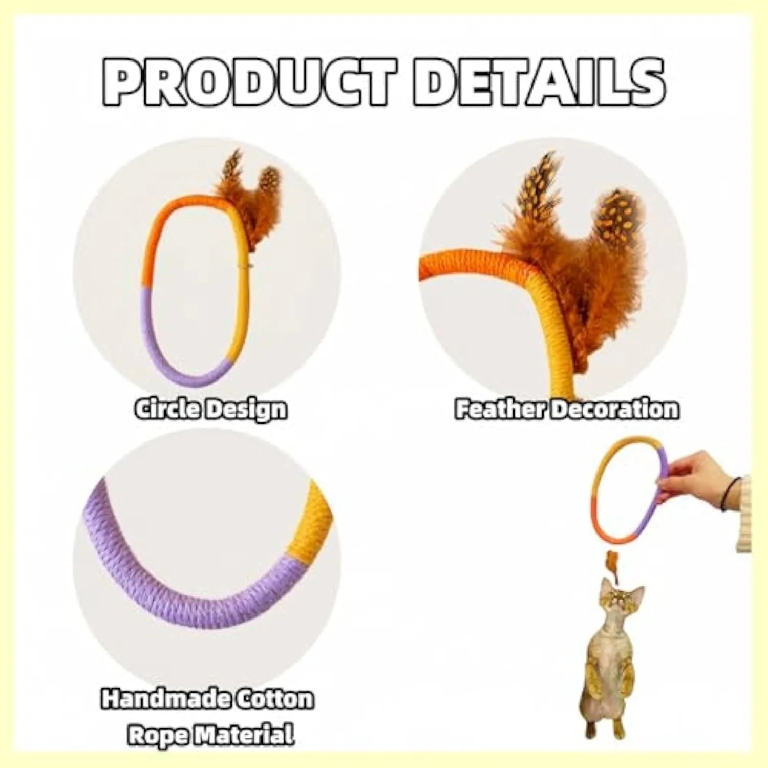 Green circular cotton rope cat toy with feathers and catnip for indoor cats