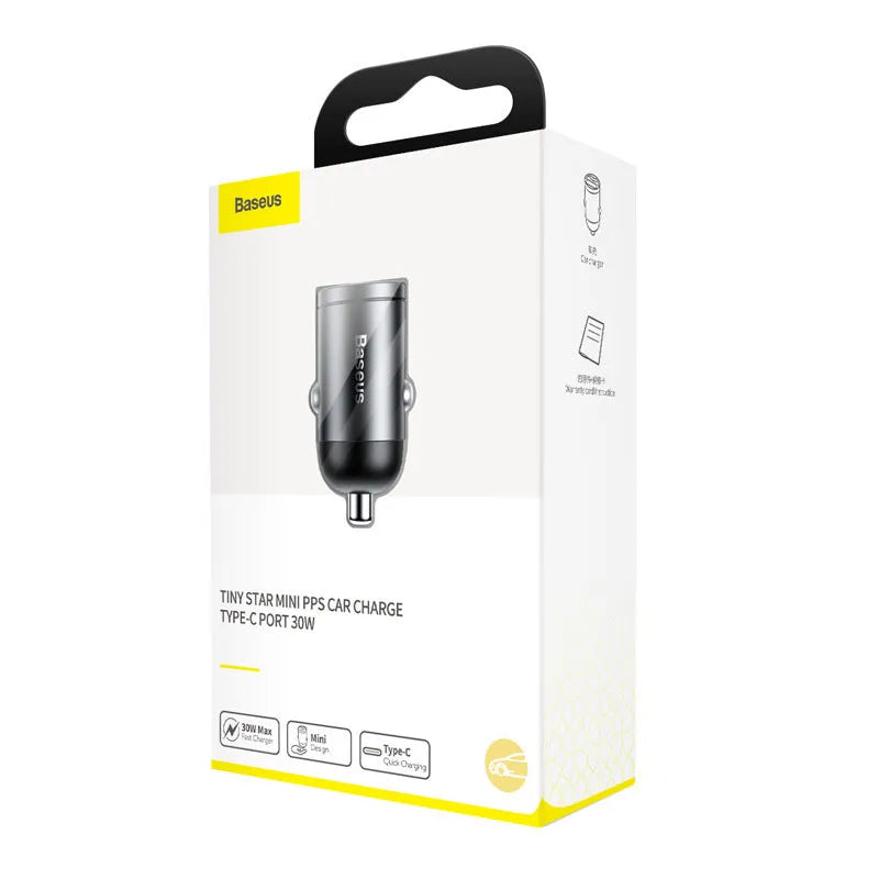 Baseus grey 30W PPS car charger with 1 metre USB cable for mobile phones