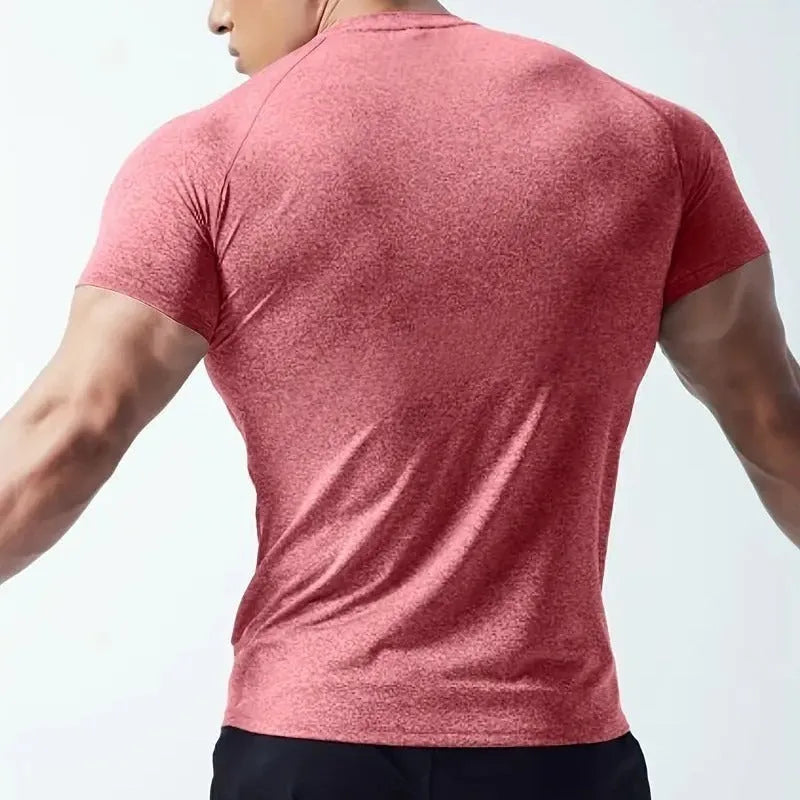 Men's stretch quick-dry running T-shirt in polyester blend available in black, grey, green and pink colours