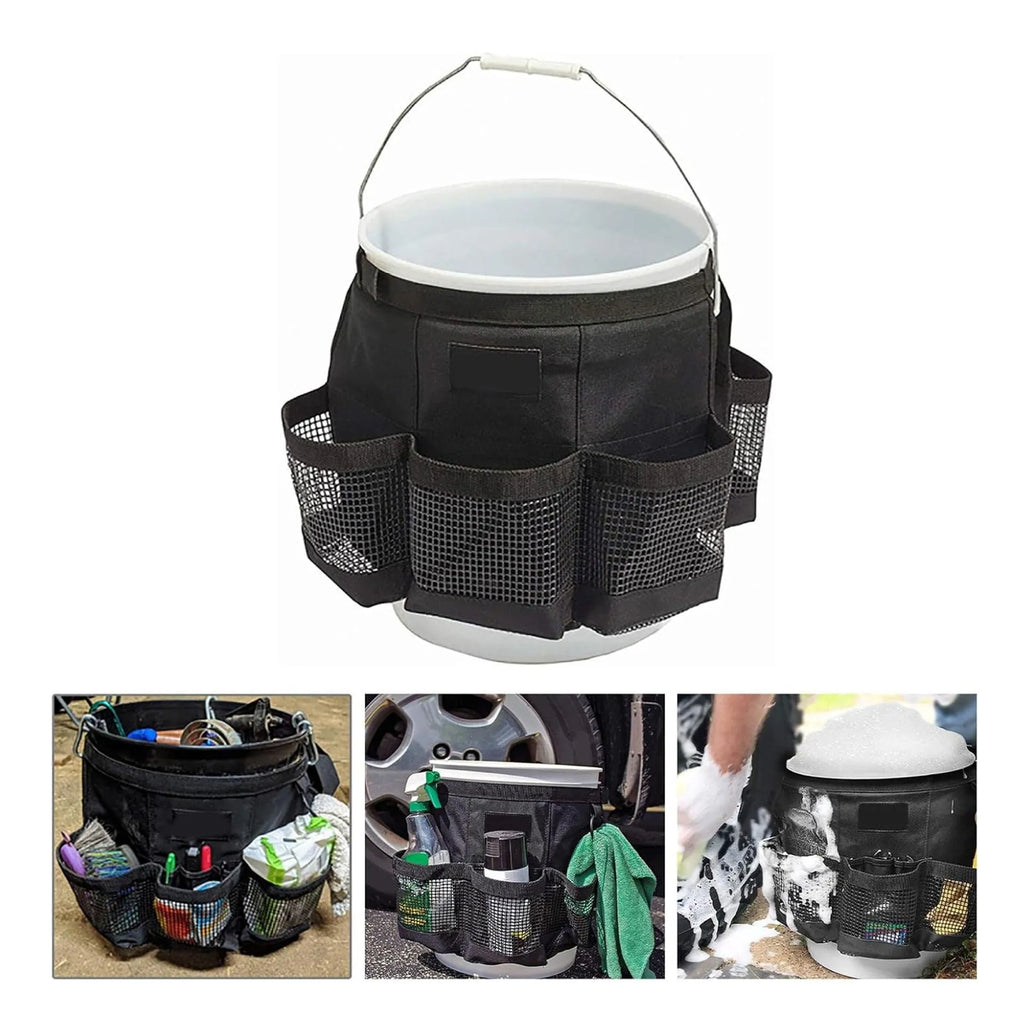 Black cylindrical polyester storage bag hanging on 5 gallon barrel for tool organisation