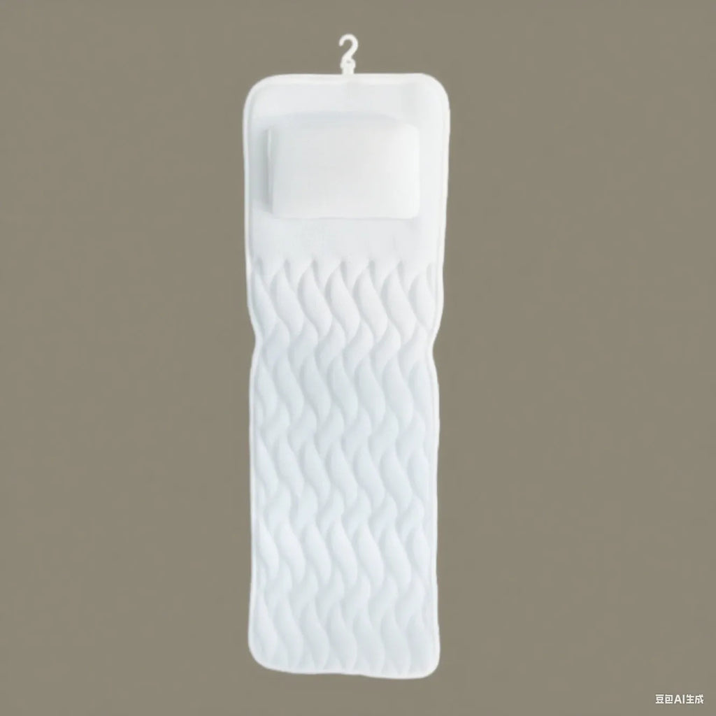 White 3D mesh bathtub pillow with seven suction cups for non-slip placement
