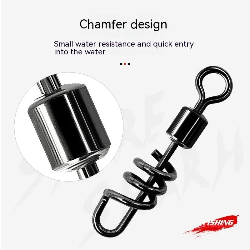 8-shaped stainless steel fishing swivel connector showing rotating mechanism and dual connection points