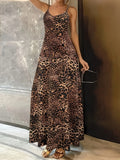 Dark brown leopard print sleeveless casual dress with round neck and sling shoulder straps