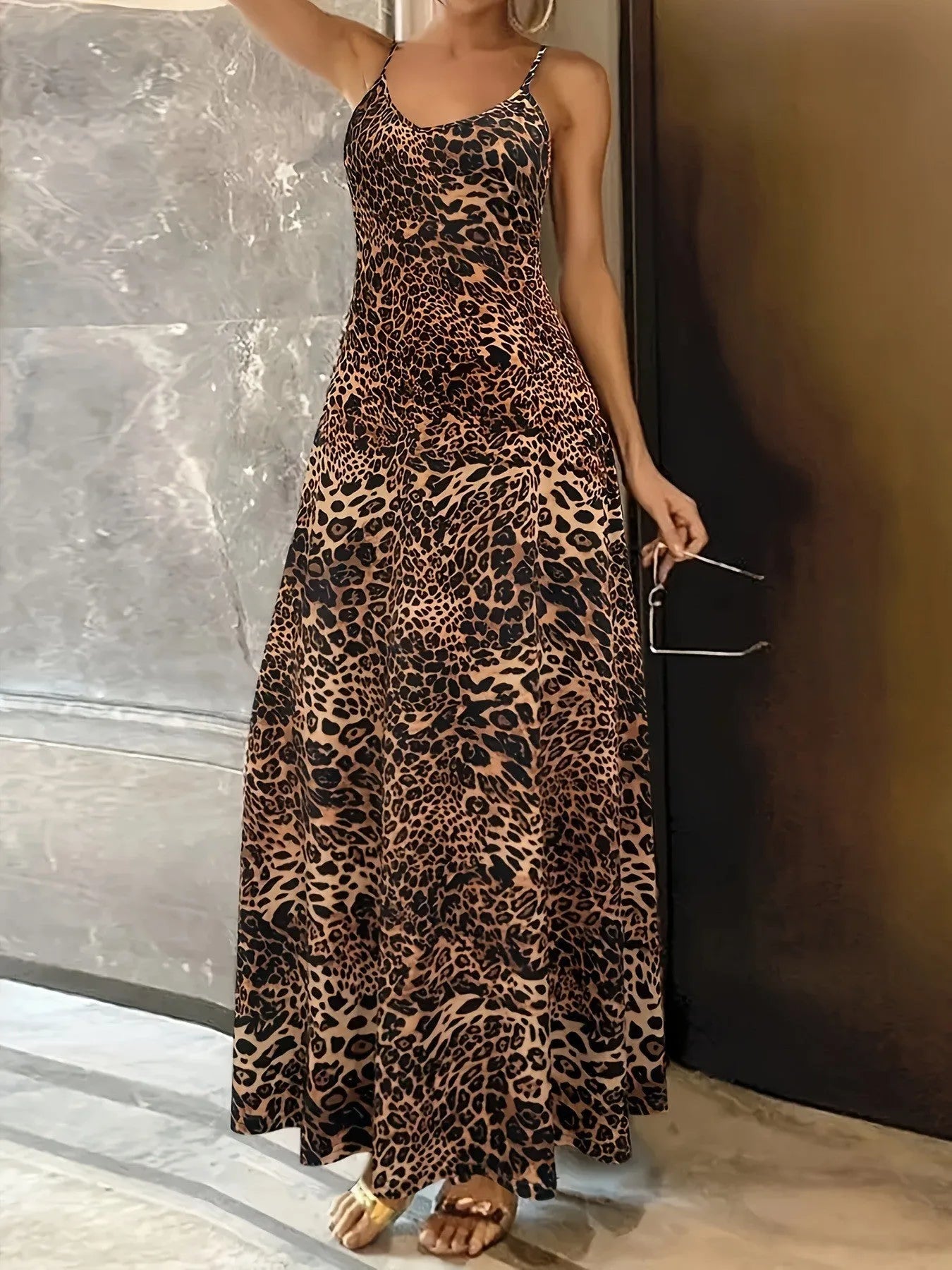 Dark brown leopard print sleeveless casual dress with round neck and sling shoulder straps