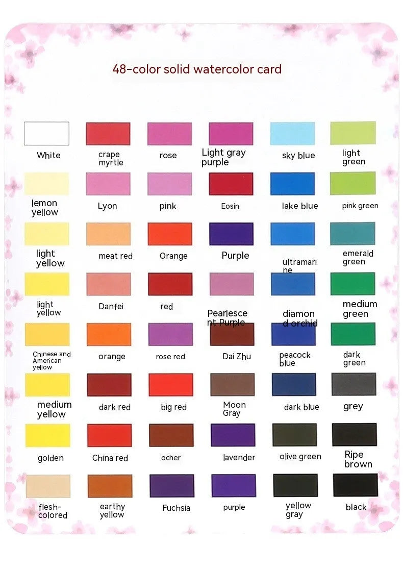48 colour solid watercolour paint set showing Black Knight, Girl Pink and Sunshine Blue shades