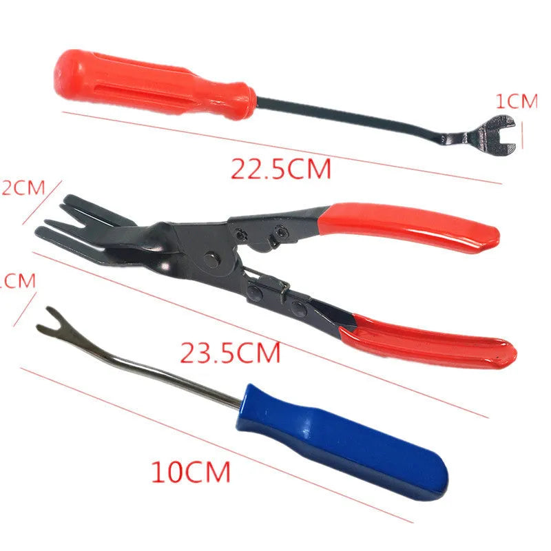Red handle automotive clip driver and door panel nailing tool for General Motors vehicles