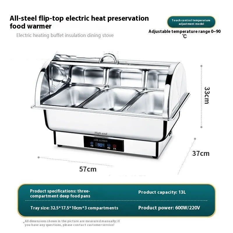 Electric buffet stove with transparent flip lid showing stainless steel construction and heating grids