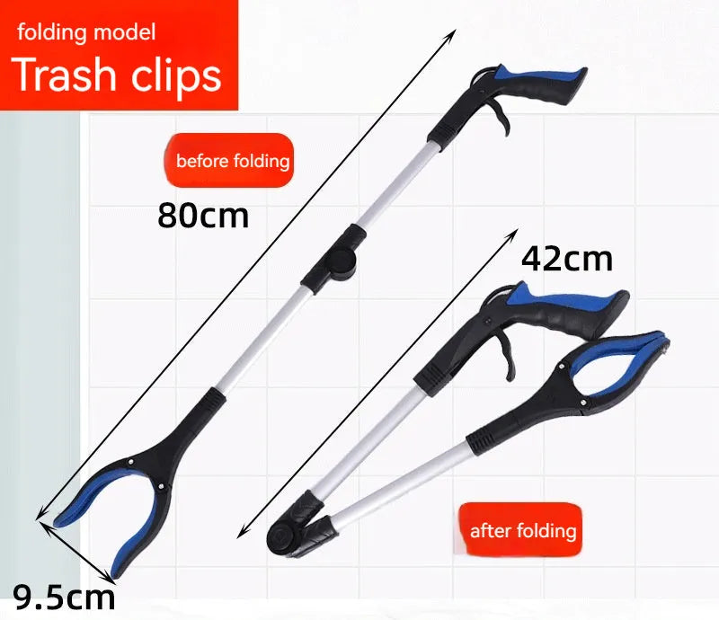 Foldable aluminium garbage pick-up clamp with magnetic end, shown extended and with blue handle.
