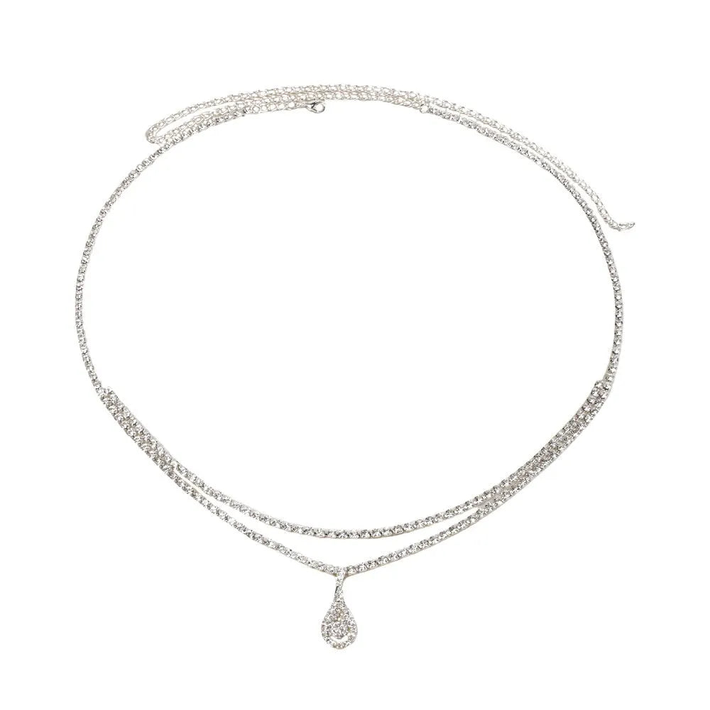 Gold or silver rhinestone waist chain with water drop pendant and tassel elements, showing lobster clasp closure
