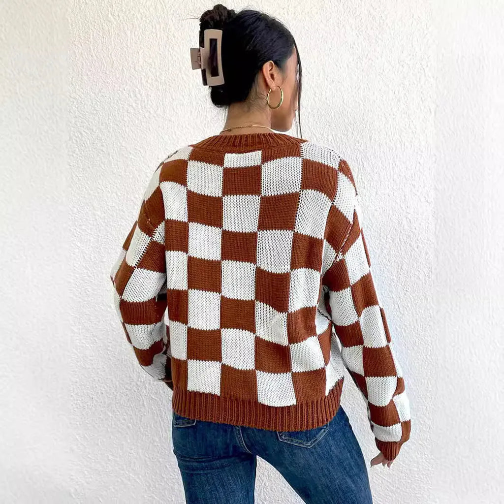 Dark brown acrylic plaid sweater with chessboard pattern, loose fit round neck, long sleeves
