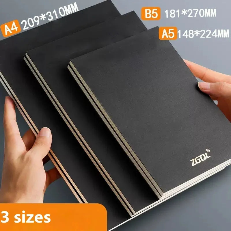 A5, B5, and A4 writing pads showing horizontal line, grid, and blank ruling options with 80 wood-free paper sheets