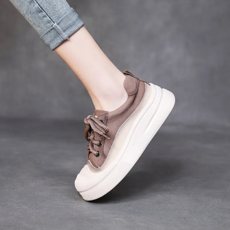 Women's yellow and cameo brown full-grain cow leather lace-up casual shoes with round toe and rubber soles