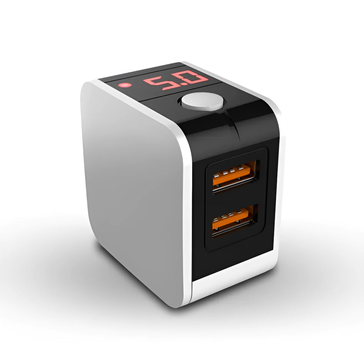 Black 5V2A travel power adapter with dual USB ports and digital display showing UK plug type