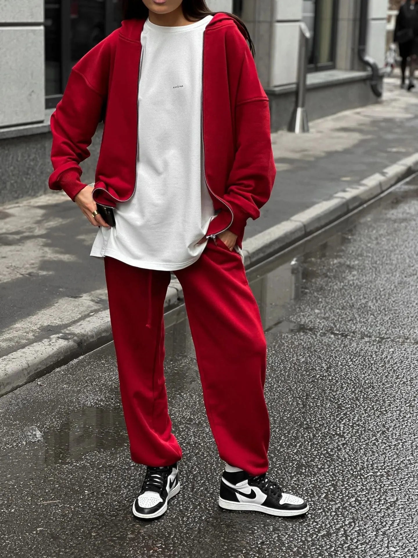 Street style long-sleeved coat and trousers two-piece set in solid colour