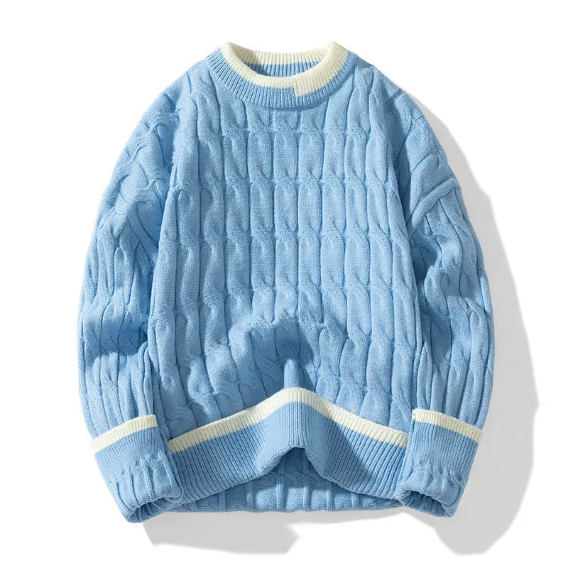 Two loose fit men's long sleeve pullover sweaters folded, shown in light blue and grey colour options.