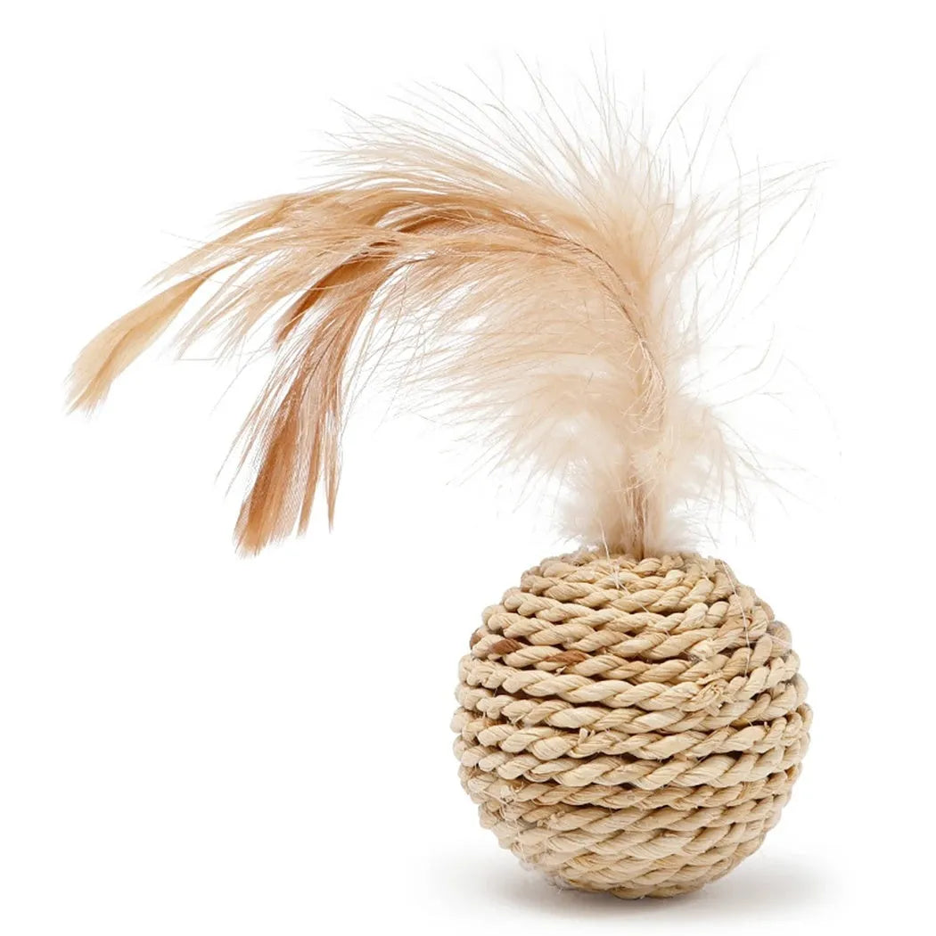 Two cat toys: rattan ball with bell and faux feather ball for interactive feline play