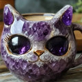Purple handcrafted geode resin mug with crystal cat design, measuring 11cm tall.