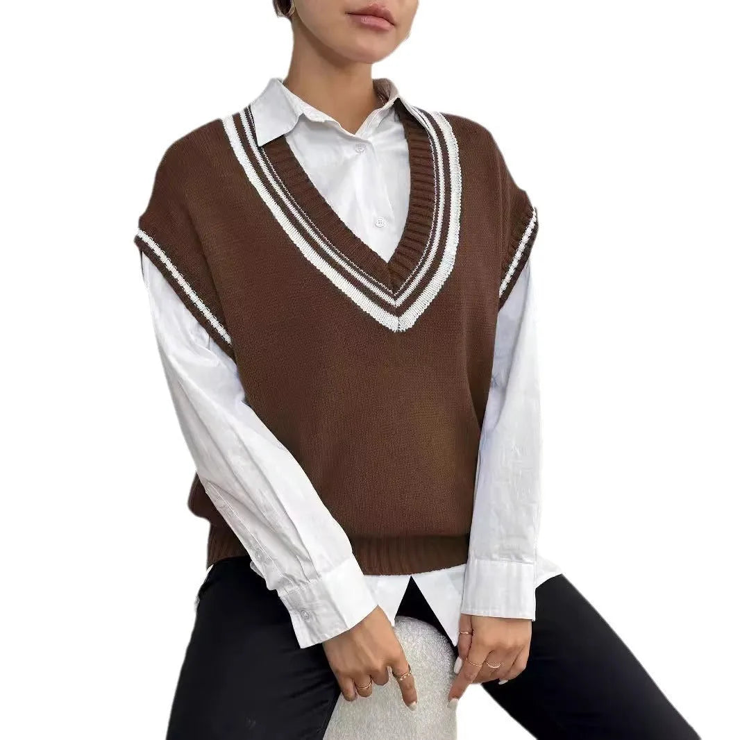 Women's loose fit college style acrylic pullover vest sweater in blue, coffee, or black colours