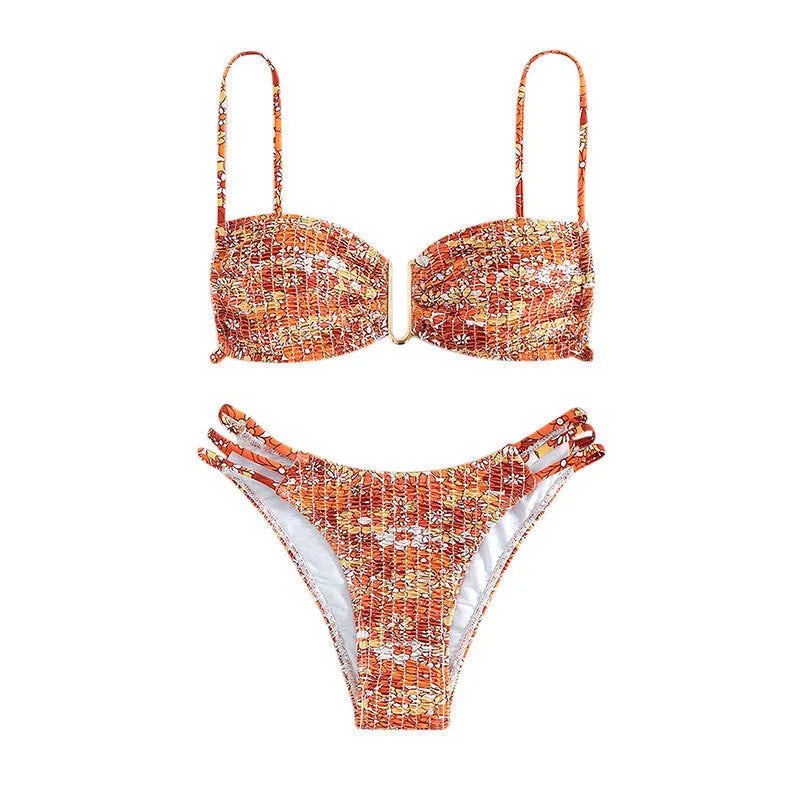 Women's floral bikini swimsuit with high-waist briefs in blue, orange, pink and rose red colour options