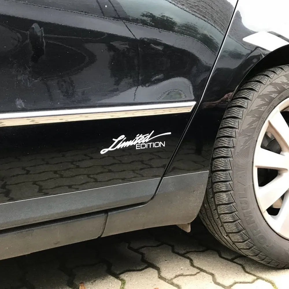 Reflective plastic bumper sticker showing Black, White, and Colourful design options, scale showing 16cm length.