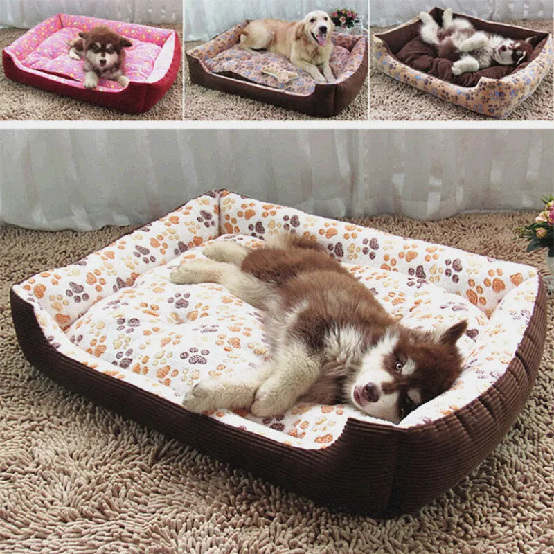 Beige soft plush dog bed with raised edges shown in a home setting.