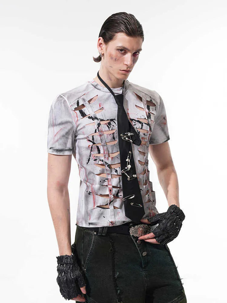 Men's white cotton t-shirt with cut hollow-out pattern, short sleeves and round neck collar