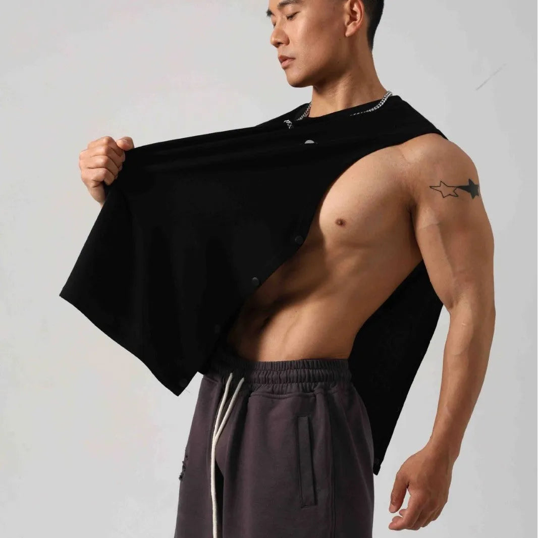 Men's Korean style loose cotton fitness vest with hidden hook side openings in black colour