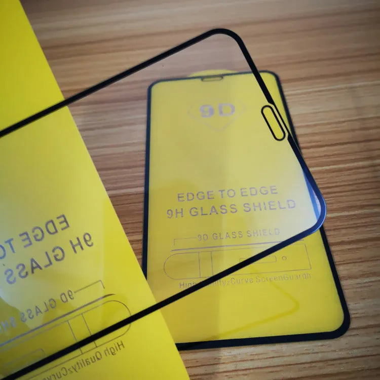 Black full screen glass tempered film for Xiaomi smartphones on a white background.