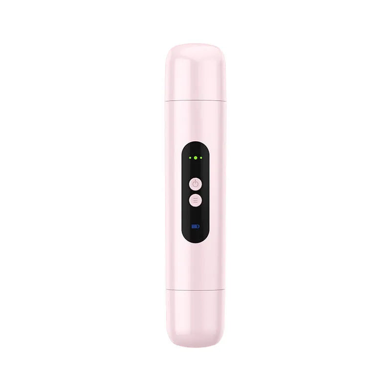 White and pink portable electric body hair trimmer with USB cable on a plain background.