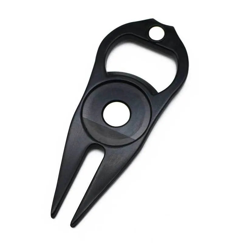 Zinc alloy golf ball yoke and bottle opener tool in black, green, or silver finish.