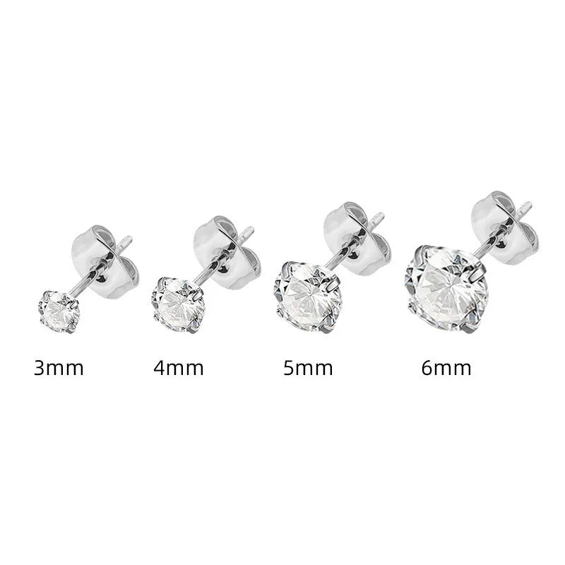 A pair of simple square-cut zircon stud earrings in stainless steel on a white background.