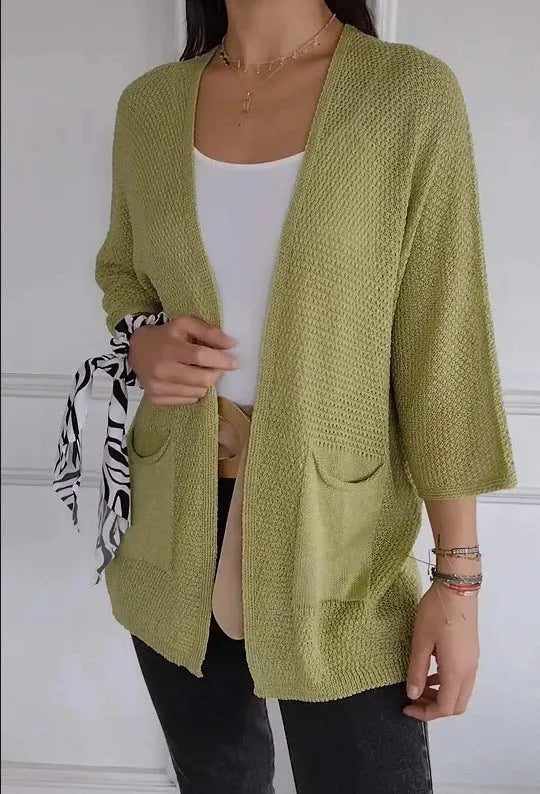 Women's waffle knit cardigan coat with nine-quarter sleeves in multiple colour options