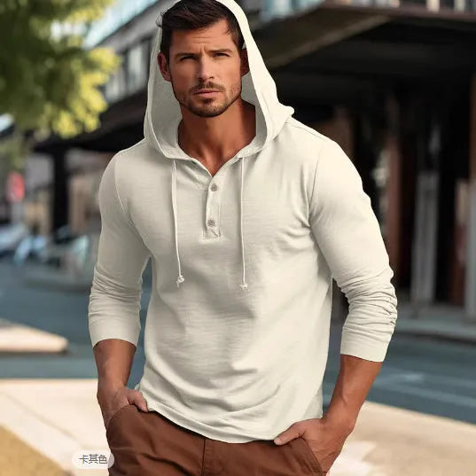 Cotton long sleeve pullover hoodie top in apricot colour on a hanger