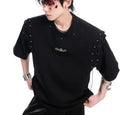 Women's black short sleeve top with a white lace-up cutout detail on the side.