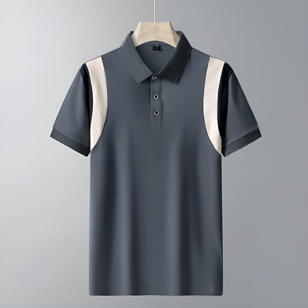 Men's grey striped cotton T-shirt with business lapel collar and short sleeves laid flat