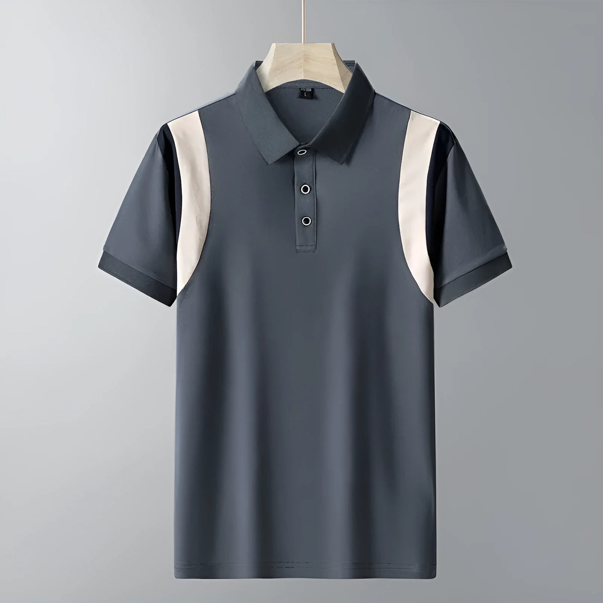 Men's grey striped cotton T-shirt with business lapel collar and short sleeves laid flat