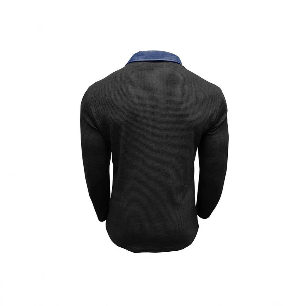 Men's loose fit long-sleeved waffle knit polo shirt in asymmetric American retro style