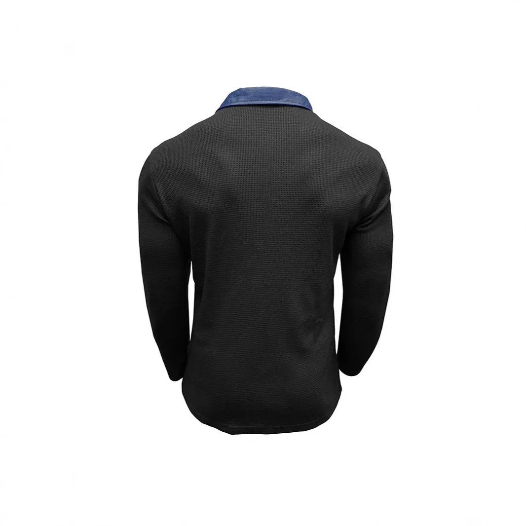 Men's loose fit long-sleeved waffle knit polo shirt in asymmetric American retro style