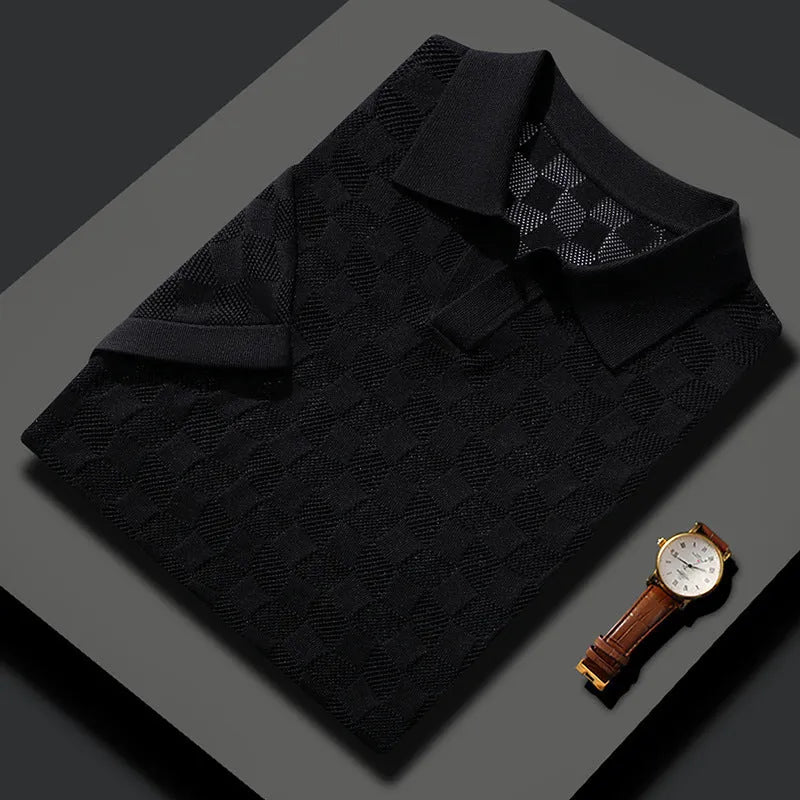 Men's short sleeve mulberry silk sweater with lapel in a solid colour