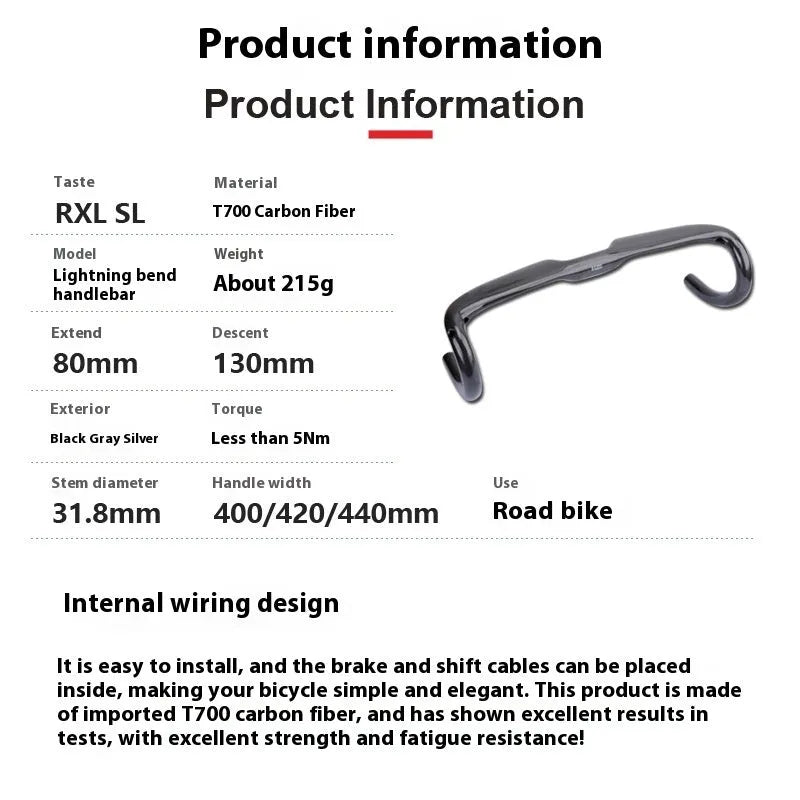 Carbon fibre road bicycle drop handlebar in black, grey, and silver UD weave, shown in 400mm, 420mm, and 440mm widths.