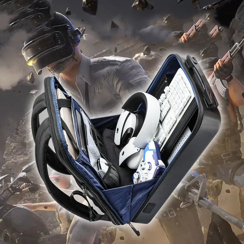 Hard shell gaming backpack with lockable opening and shoulder straps in black colour
